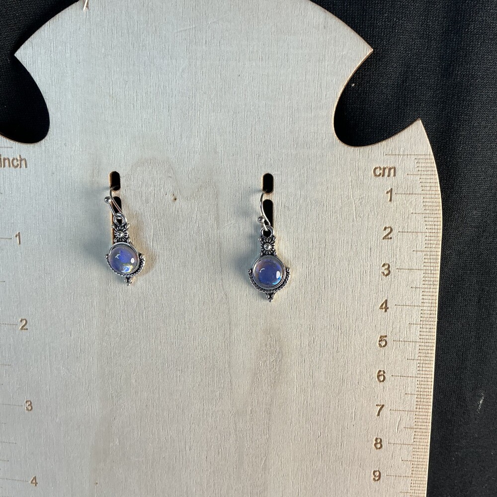 ★ Iridescent Blue Opal Style Cabochon Silver Tone Dangle Earrings Boho